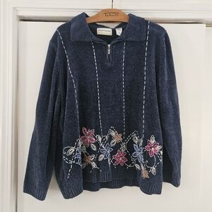 Alfred Dunner Floral Embroidered Blue Floral 1X Collard Half Zip Sweater
